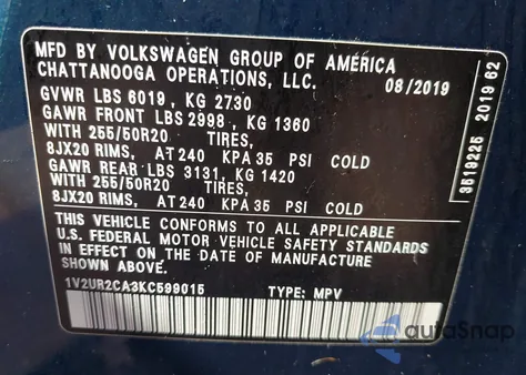 2019 Volkswagen Atlas 3.6L V6 Se W/Technology из США, поврежденный, VIN 1V2UR2CA3KC599015